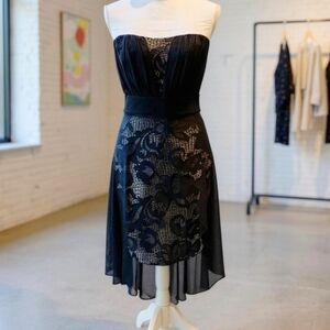 Shop WTD Strapless Mini Dress – Black Lace, Nude Lining, Chiffon Overlay – M